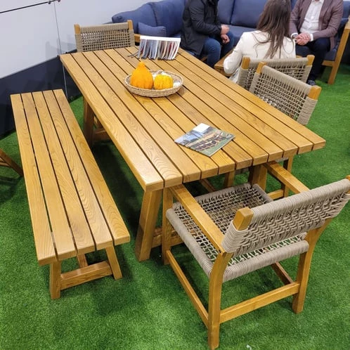 Taksim Ahşap Bahçe Takımı: 100x180 Masa + 4 Sandalye + 40x180 Bank Set, Masif Kestane - 2