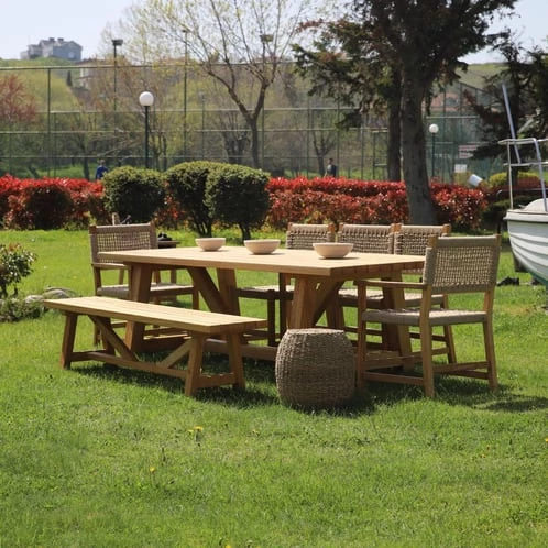 Taksim Ahşap Bahçe Takımı: 100x180 Masa + 4 Sandalye + 40x180 Bank Set, Masif Kestane - 3