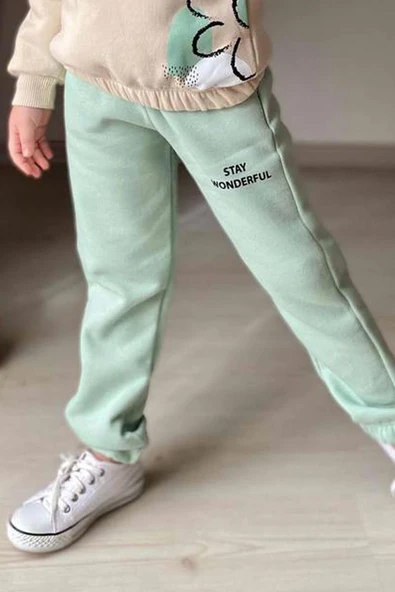 Kız Çocuk Stay Wonderful Çiçek Desenli İçi Pamuklu Yeşil Eşofman Takım - Resim 4