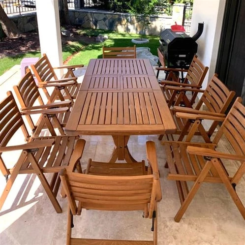 Antalya Side Ahşap Bahçe Takım : 90x160 +40 cm Uzayan Masa + 8 Katlanır Sandalye