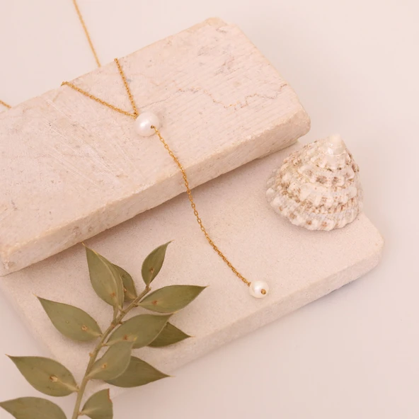 925 Ayar Gümüş Sallantılı Kravat İnci Kolye - Resim 3