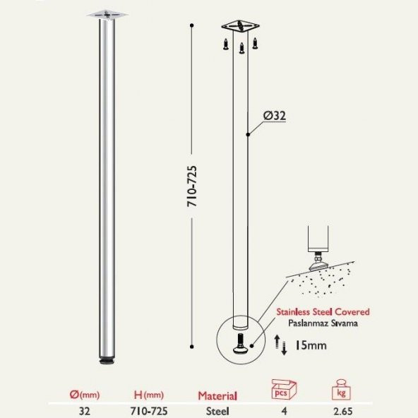 Gürçay Masa Ayağı 11.170 - 32mm Siyah 4 Adet - 2