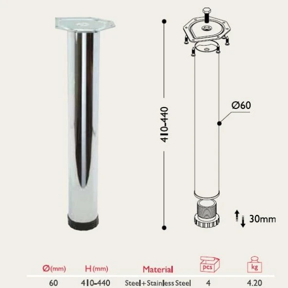 Gürçay Sehpa Ayağı 13.181 - 60mm Krom 41cm (4 Adet) - 2