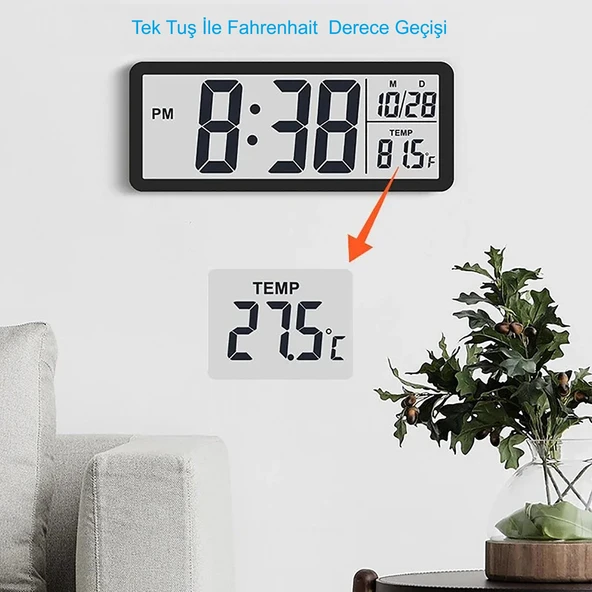 HyMark LCD Ekran 20x8cm Dijital Duvar Saati USB Pilli Zaman Sıcaklık Tarih - 4