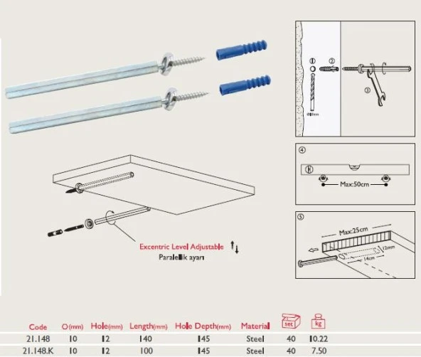 Gizli Raf Bağlantı Çubuğu 10*100mm (2 Adet) - 2