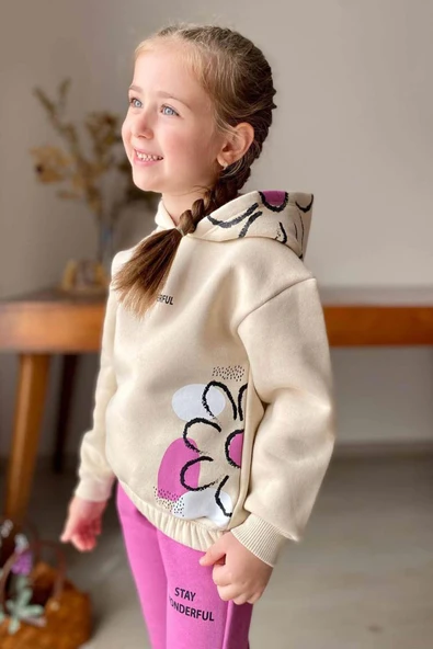 Kız Çocuk Stay Wonderful Çiçek Desenli İçi Pamuklu Fuşya Eşofman Takım - Resim 2