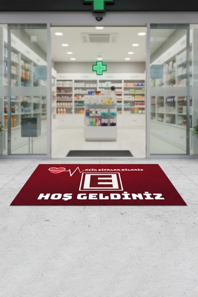 Valerine Life Eczane Logolu Kırmızı Acil Şifalar Dileriz Hoş Geldiniz İş Yeri Kapı Önü Paspası 45x70cm - 1