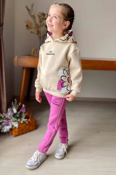 Kız Çocuk Stay Wonderful Çiçek Desenli İçi Pamuklu Fuşya Eşofman Takım ürün görseli