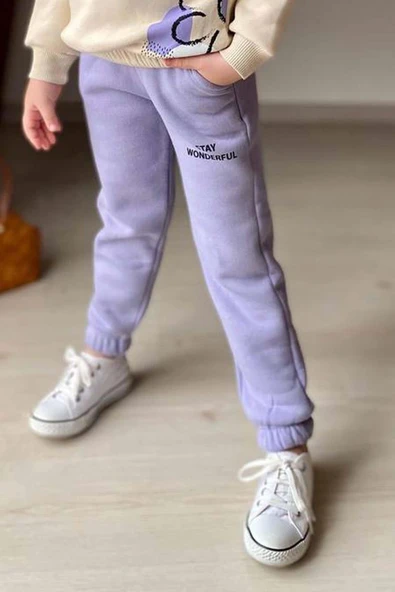 Kız Çocuk Stay Wonderful Çiçek Desenli İçi Pamuklu Lila Eşofman Takım - Resim 4