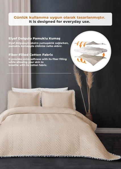 Ollie %100 Pamuk Yatak Örtüsü ( Pike ) Takımı Çift Kişilik Ponponlu Kapitone Çizgili Günlük - 7