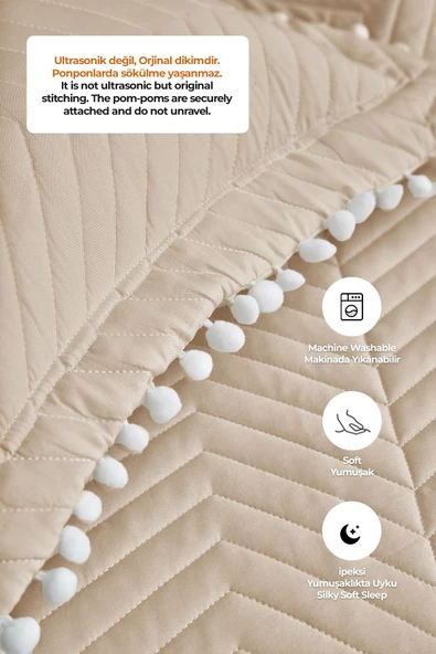 Ollie %100 Pamuk Yatak Örtüsü ( Pike ) Takımı Çift Kişilik Ponponlu Kapitone Çizgili Günlük - 8