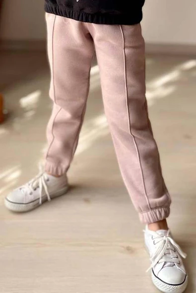 Kız Çocuk Kollarında Yazı Detayları ve Önü Çiçek Baskılı Bej Eşofman Takım - Resim 3