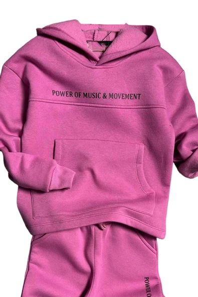 Kız Çocuk Power Of Music Yazı Baskı Kapüşonlu 3 İplik Fuşya Eşofman Takım - Resim 3