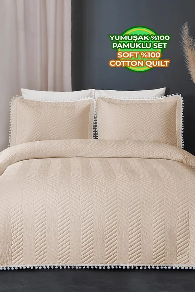 Ollie %100 Pamuk Yatak Örtüsü ( Pike ) Takımı Çift Kişilik Ponponlu Kapitone Çizgili Günlük - 6