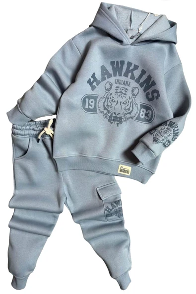 Erkek Çocuk Kaplan Baskılı Hawkings Detaylı Kapüşonlu Buz Mavisi Eşofman Takım ürün görseli