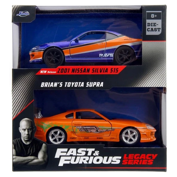 Jada 1:32 Fast & Furious Legacy Series Twin Pack W3/2 Brian's Toyota Supra & 2001 Nissan Silvia S15 - Resim 6