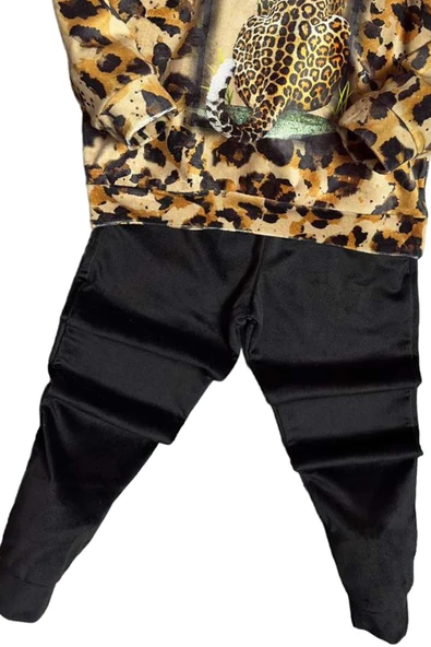 Kız Çocuk Digital Baskılı Kapüşonlu Likralı Kehribar Kadife Eşofman Takım - 3