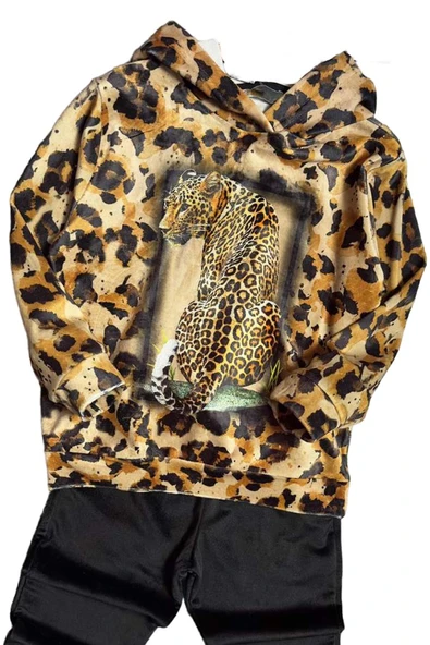 Kız Çocuk Digital Baskılı Kapüşonlu Likralı Kehribar Kadife Eşofman Takım - 2