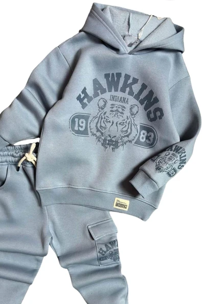 Erkek Çocuk Kaplan Baskılı Hawkings Detaylı Kapüşonlu Buz Mavisi Eşofman Takım - Resim 2