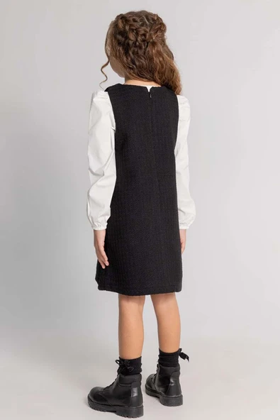 Kız Çocuk Uzun Kol Penye Tişört ve Önü Kurdele Detaylı İçi Astarlı Siyah Jile Elbise - Resim 2