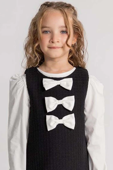 Kız Çocuk Uzun Kol Penye Tişört ve Önü Kurdele Detaylı İçi Astarlı Siyah Jile Elbise - Resim 4