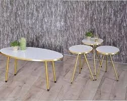 Zigon Sehpa Ve Orta Sehpa Elips Gold Metal Ayak Gold Beyaz Set