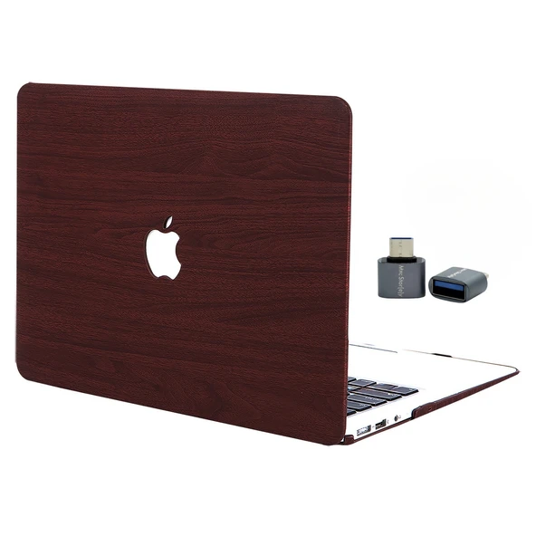 MacBook Pro 13 Kilif Wood Grain Ahsap Dokulu Sert Hard Case USB C Donusturucu Dahil - Resim 2
