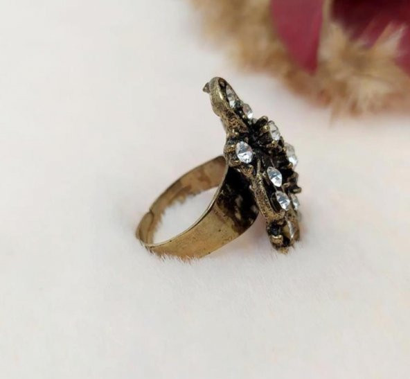 Otantik Tasarım Kadın Yüzük Swaroski Taşlı Gold RenkYüzük Ayarlanabilir Ölçü - 2