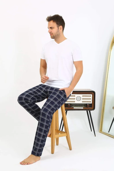 Akbeniz Erkek Ekoseli Desen Penye Tek Alt Pijama 27540 Lacivert - 7