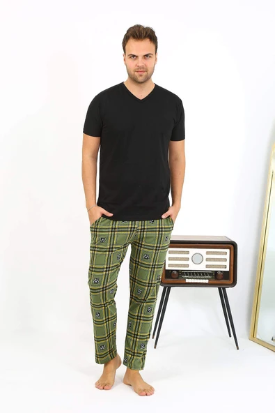 Akbeniz Erkek Ekoseli Desen Penye Tek Alt Pijama 27540 Haki - 9