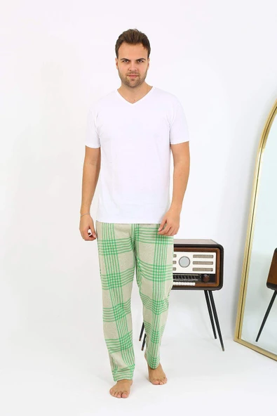 Akbeniz Erkek Ekoseli Desen Penye Tek Alt Pijama 27540 Yeşil - 10