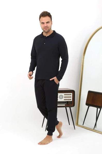 Akbeniz Erkek Polo Yaka Uzun Kol Penye Pijama Takımı 6862 Lacivert - 9