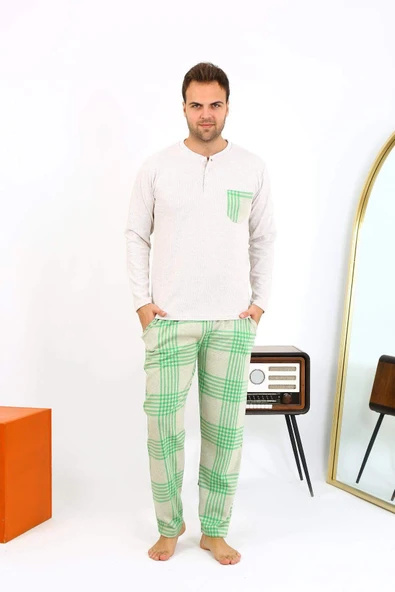 Akbeniz Erkek Uzun Kol Penye Krem Pijama Takımı 6861 - 5