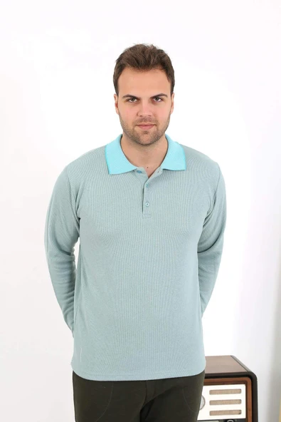 Akbeniz Erkek Polo Yaka Uzun Kol Penye Pijama Takımı 6862 Su Yeşili - 6