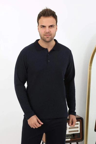 Akbeniz Erkek Polo Yaka Uzun Kol Penye Pijama Takımı 6862 Lacivert