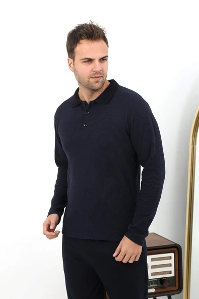 Akbeniz Erkek Polo Yaka Uzun Kol Penye Pijama Takımı 6862 Lacivert - 8