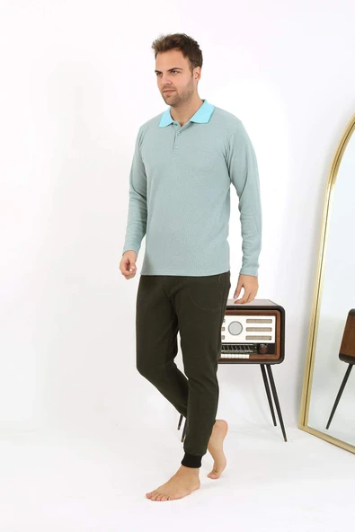 Akbeniz Erkek Polo Yaka Uzun Kol Penye Pijama Takımı 6862 Su Yeşili - 9