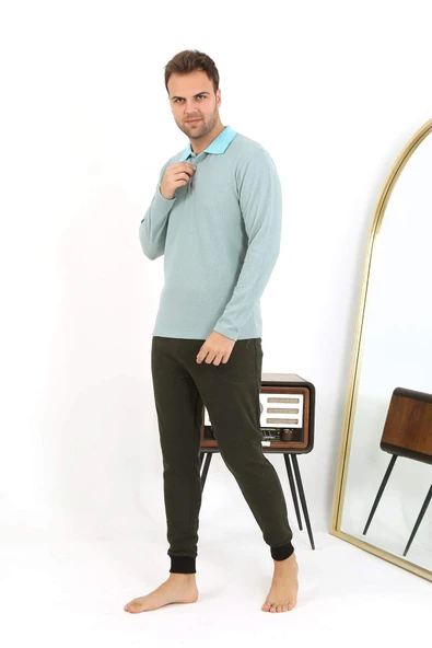 Akbeniz Erkek Polo Yaka Uzun Kol Penye Pijama Takımı 6862 Su Yeşili - 8