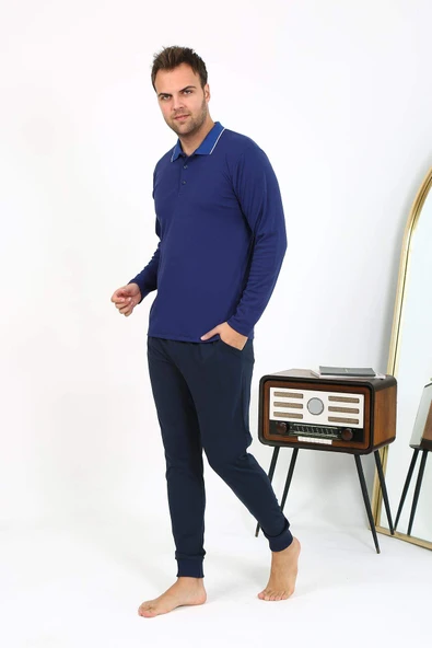 Akbeniz Erkek Polo Yaka Uzun Kol Penye Pijama Takımı Lacivert 6865 - 10