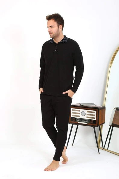 Akbeniz Erkek Polo Yaka Uzun Kol Penye Pijama Takımı Siyah 6864