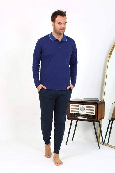Akbeniz Erkek Polo Yaka Uzun Kol Penye Pijama Takımı Lacivert 6865 - 7