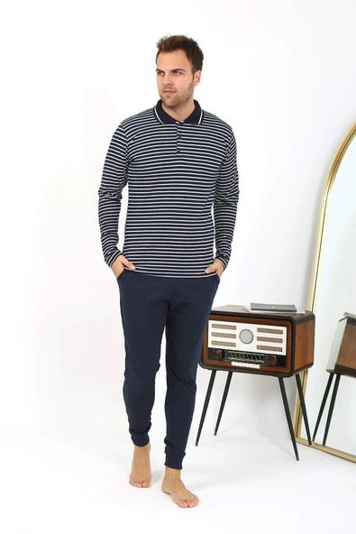 Akbeniz Erkek Polo Yaka Uzun Kol Penye Pijama Takımı Lacivert 6864 - 8