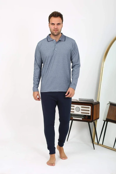 Akbeniz Erkek Polo Yaka Uzun Kol Penye Pijama Takımı Lacivert 6865