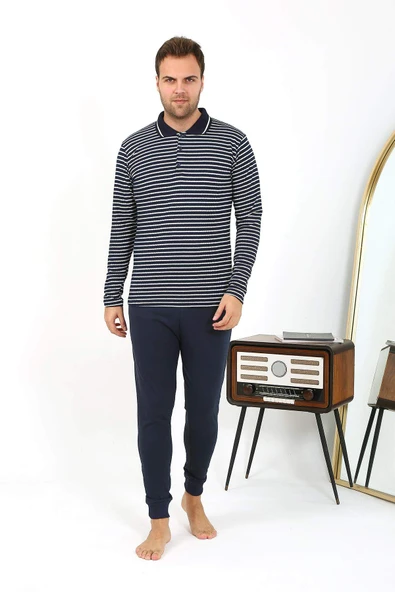 Akbeniz Erkek Polo Yaka Uzun Kol Penye Pijama Takımı Lacivert 6864 - 10