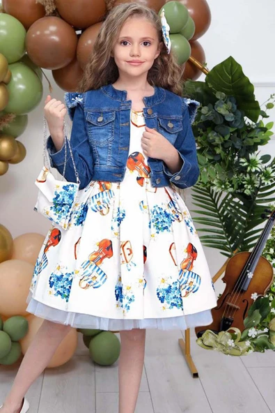 Kız Çocuk Omzu İnci Boncuk Detaylı Denim Ceket ve Desenli Beyaz Elbise - Resim 7