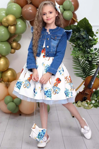Kız Çocuk Omzu İnci Boncuk Detaylı Denim Ceket ve Desenli Beyaz Elbise - Resim 4