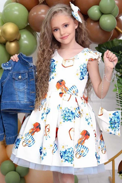 Kız Çocuk Omzu İnci Boncuk Detaylı Denim Ceket ve Desenli Beyaz Elbise - Resim 6