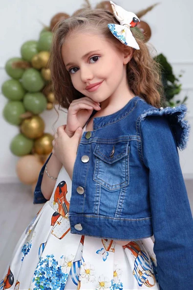 Kız Çocuk Omzu İnci Boncuk Detaylı Denim Ceket ve Desenli Beyaz Elbise - Resim 5