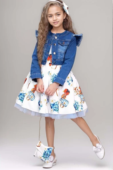 Kız Çocuk Omzu İnci Boncuk Detaylı Denim Ceket ve Desenli Beyaz Elbise - Resim 10
