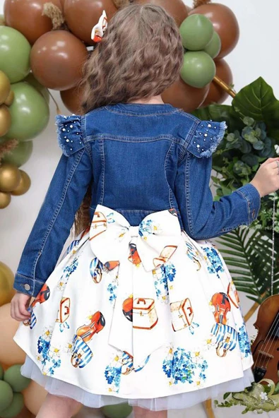 Kız Çocuk Omzu İnci Boncuk Detaylı Denim Ceket ve Desenli Beyaz Elbise - Resim 9